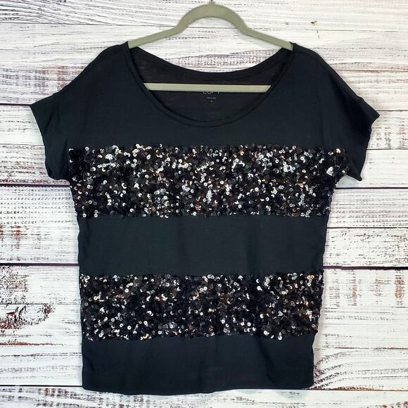 Loft Black Sequin Sparkle Holiday T Shirt M Shimmer Striped Chic Edgy Party Top - Picture 4 of 11